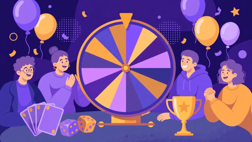 Friends playing spin the wheel games at a party night