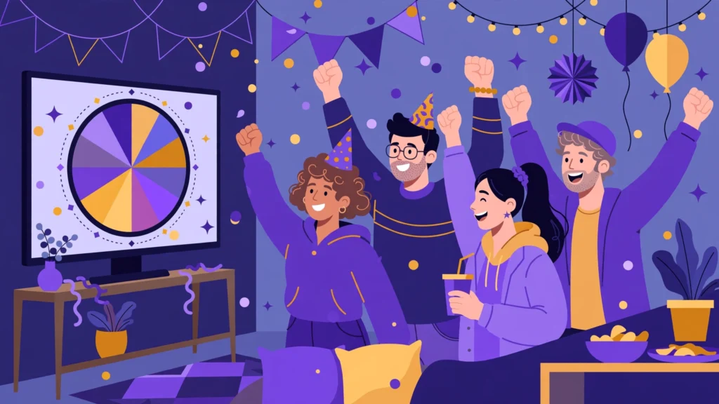 Friends cheering around a big spinning prize wheel at a party