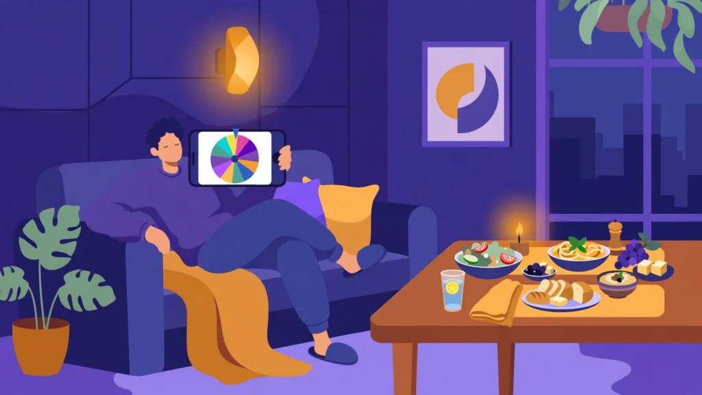 Person deciding what to eat with a spin wheel on a phone