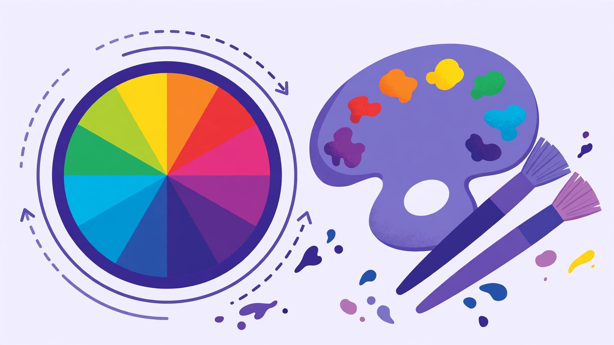 Color wheel spinner with rainbow segments, a palette and brushes for picking a color