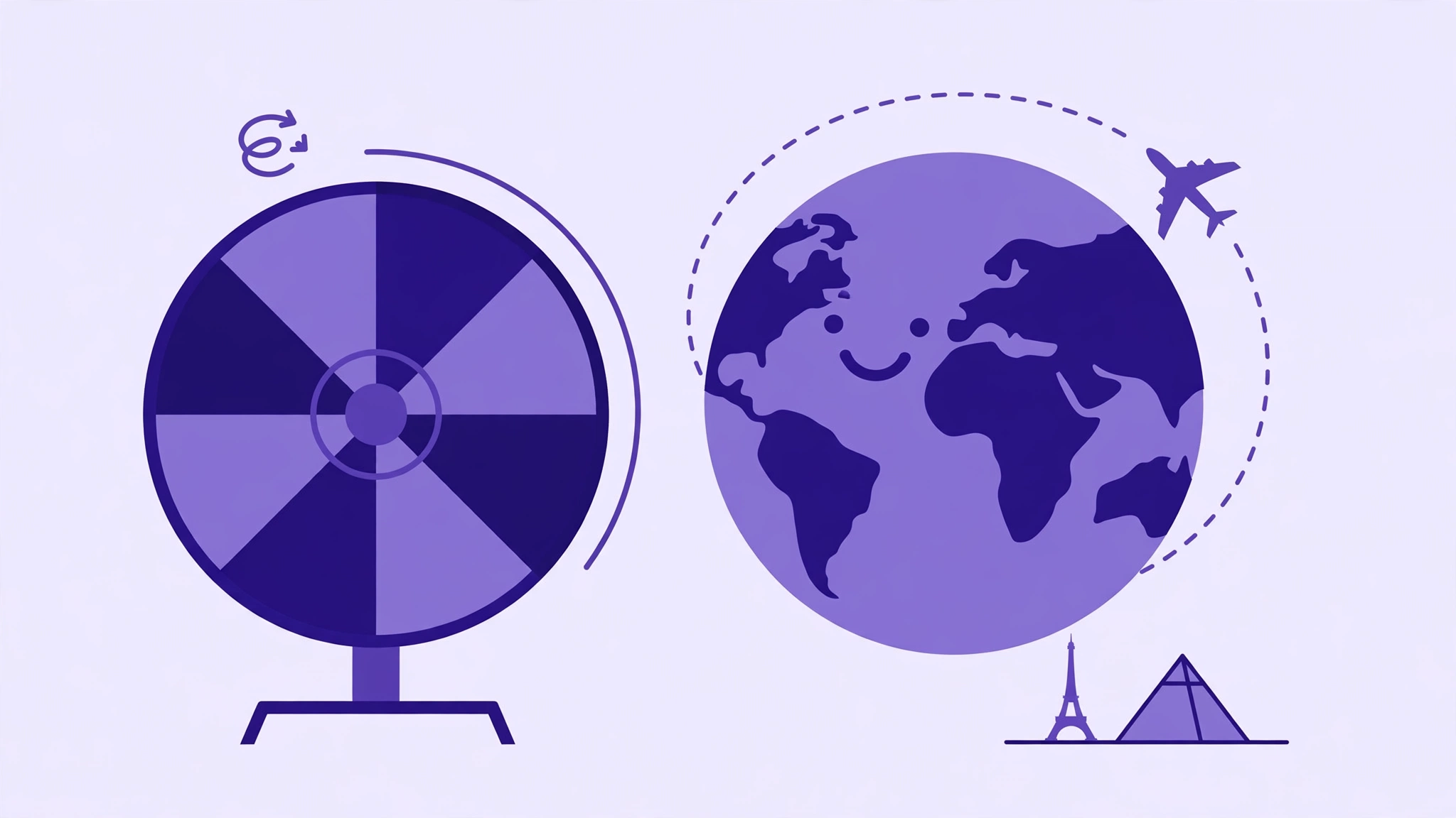 Country wheel beside a globe with landmarks for picking a random country
