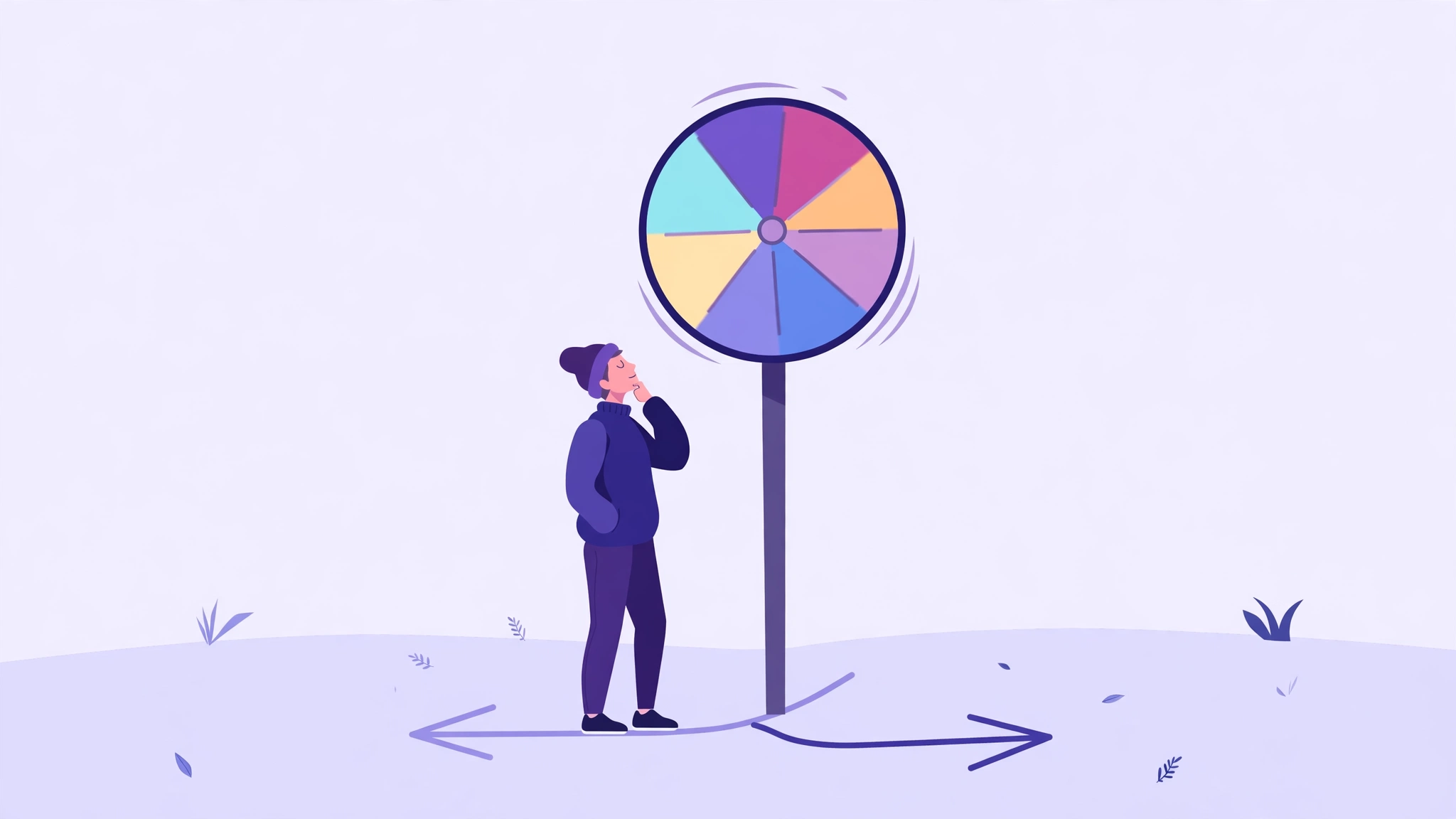 Decision wheel at a crossroads helping choose which path to take