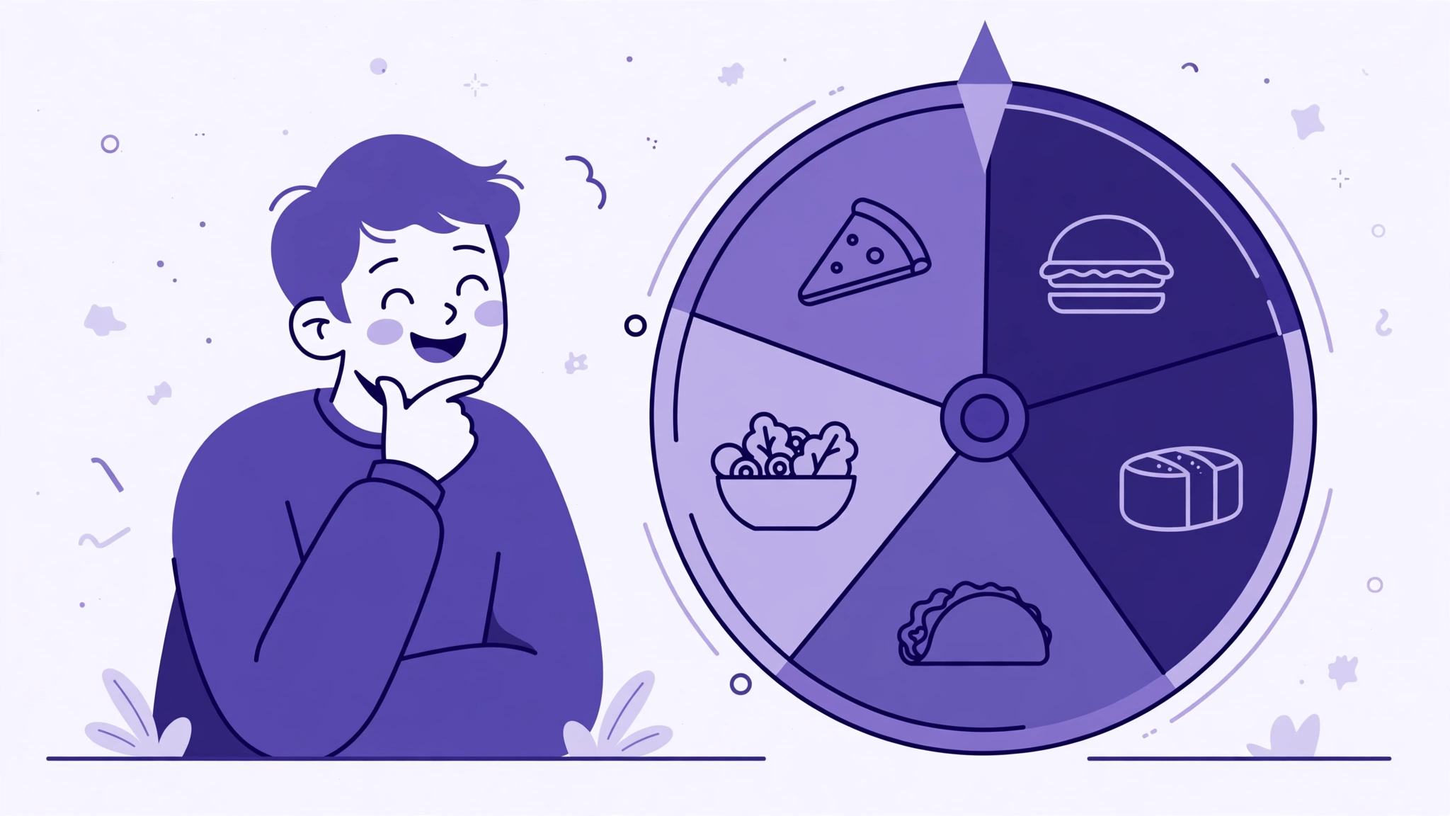 Food wheel with pizza, burger, sushi and taco segments deciding dinner