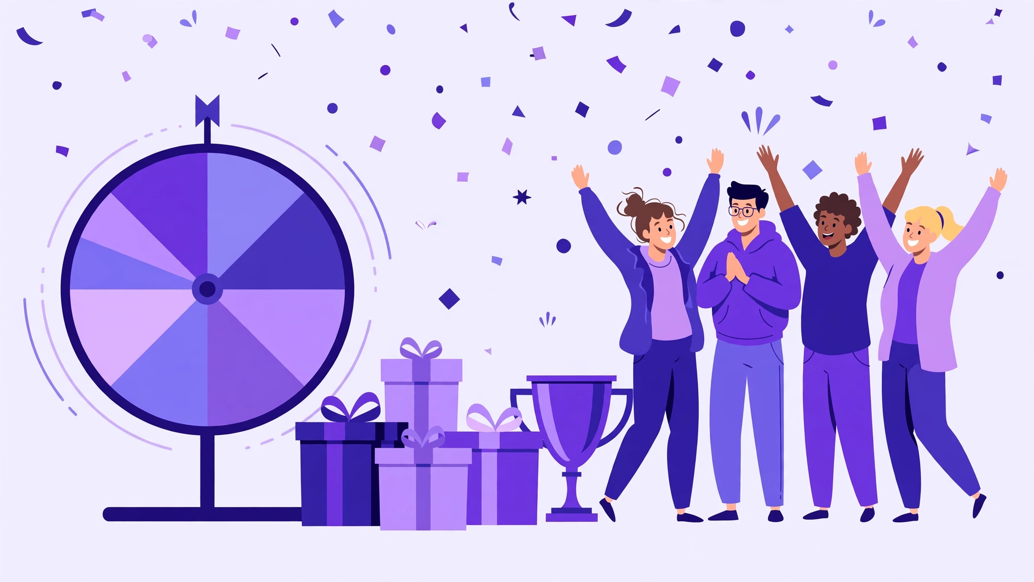 Raffle wheel beside gift boxes and a trophy at a giveaway draw