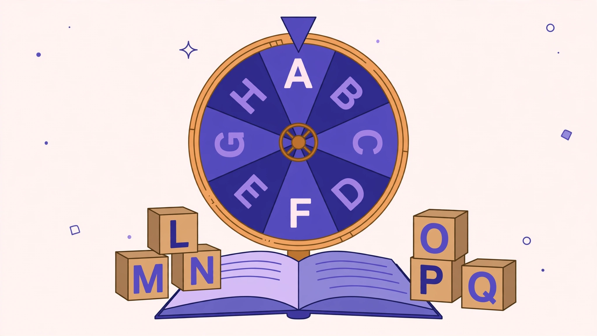 Letter wheel with alphabet segments and letter blocks for word games