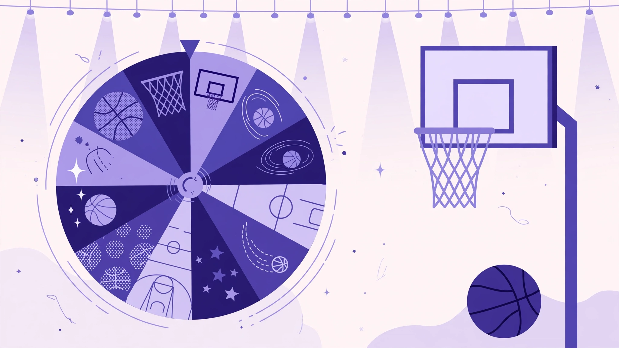 Random NBA team wheel with a basketball and hoop beside it