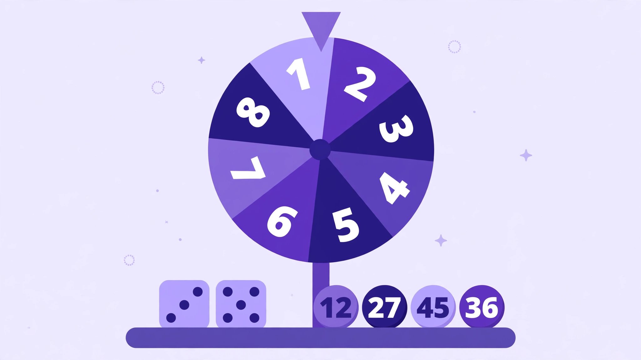 Random number generator wheel with numbered segments, dice and lottery balls