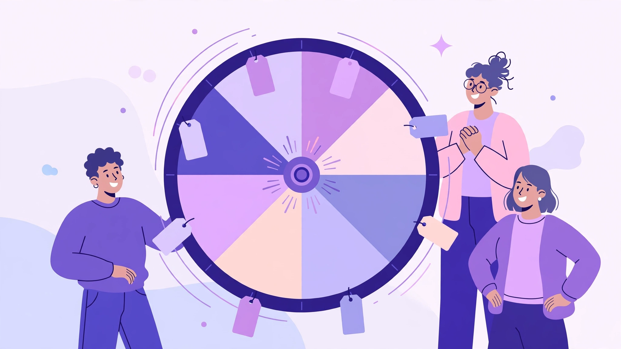 Picker wheel with names on colorful segments, ready to spin for a fair random pick
