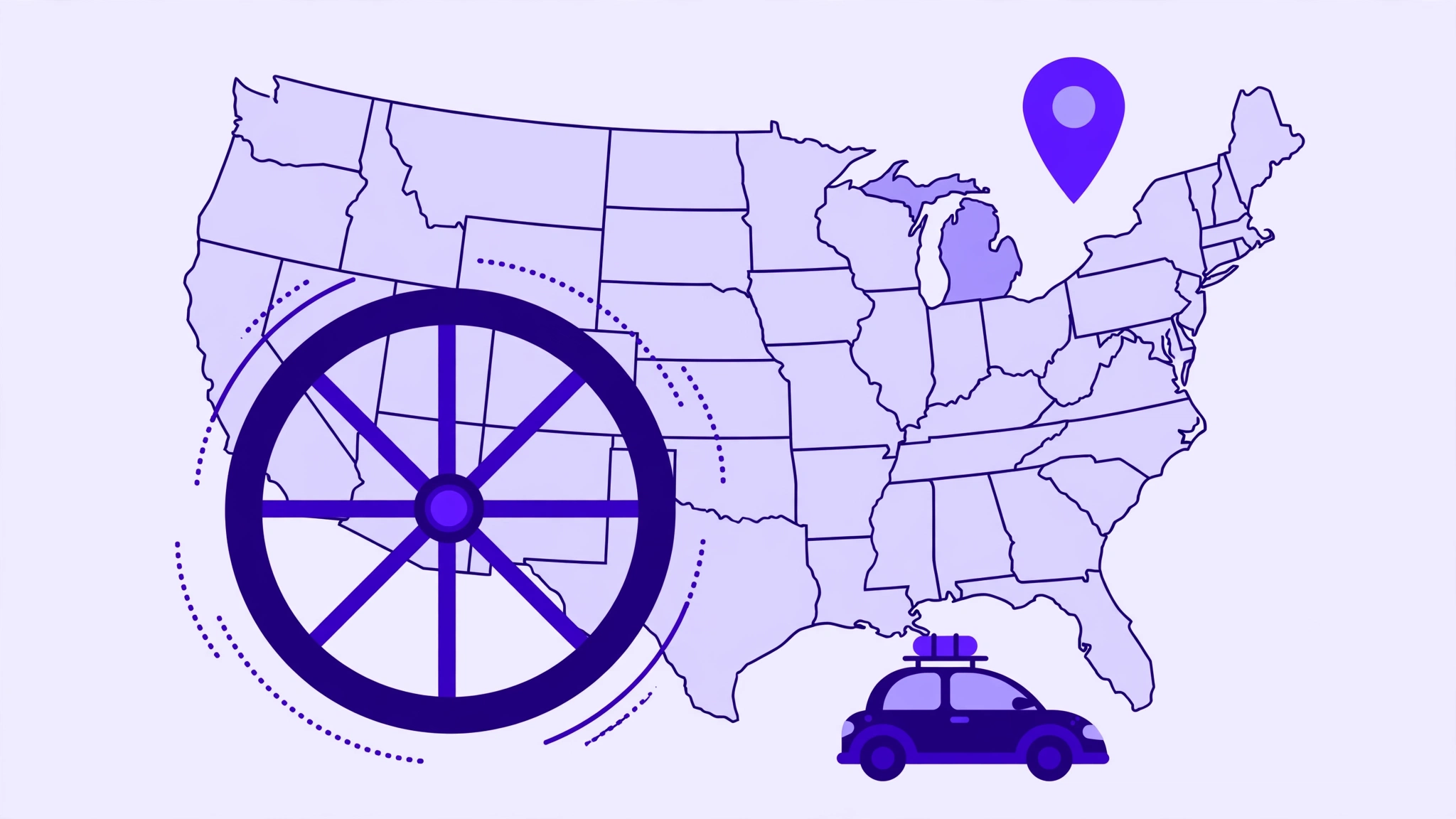 Random state generator wheel in front of a map of the United States