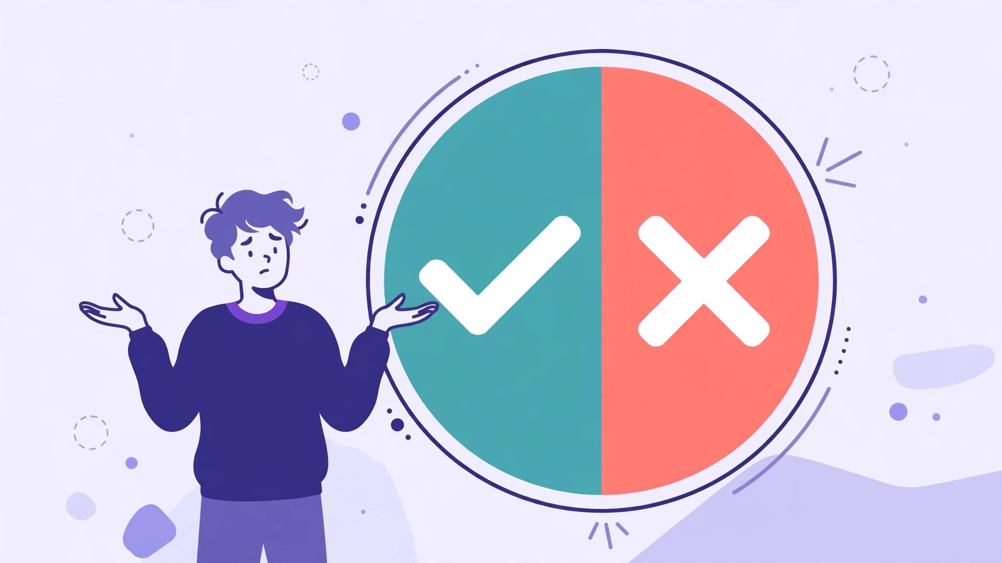 Yes or no wheel split into a check mark half and an X half for quick decisions